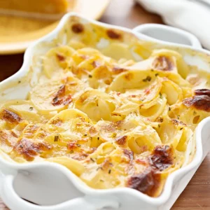 Pommes de terre gratinées à la crème La sauce au fromage crémeuse et les pommes de terre tendres de ce plat français classique se combinent pour créer une expérience délicieusement addictive. C'est un excellent plat d'accompagnement avec une longe de porc rôtie ou un filet de bœuf. Ajoutez une salade verte et du pain français, et vous avez trouvé le chemin magique vers le cœur d'un homme. Pour éviter les grumeaux dans votre sauce, ajoutez le lait petit à petit en mélangeant la farine et le beurre. Expérimentez avec différents fromages pour varier.