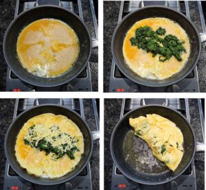 Une omelette délicate et moelleuse est faite en fouettant très bien les œufs, comme si vous alliez faire un gâteau. Feuilles d'épinards fraîches, fromage Cheddar sur le dessus et qui se soucie qu'il ne se plie pas parfaitement ?